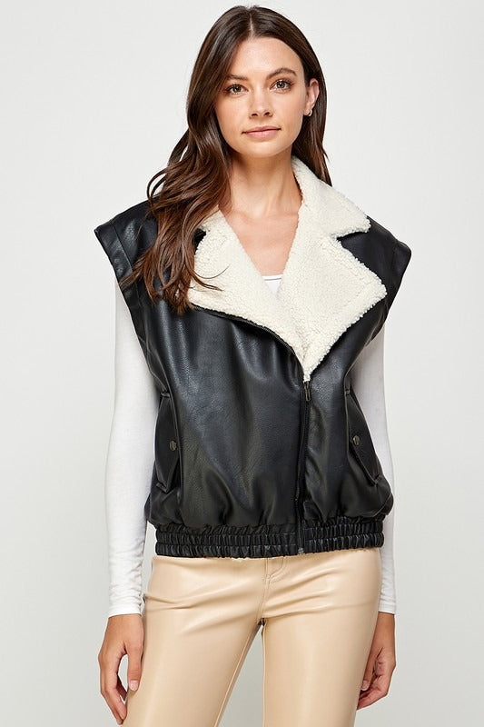Faux Leather & Faux Shearling Moto Vest